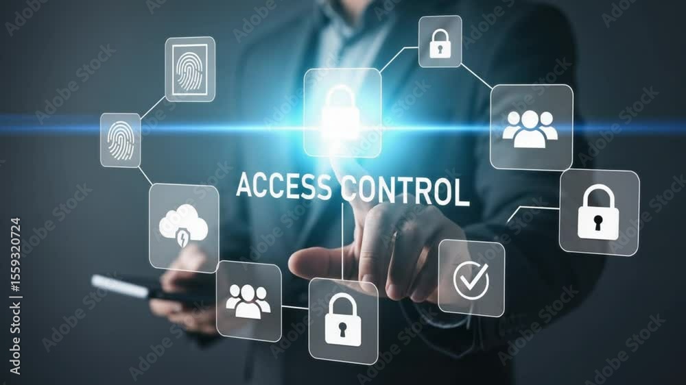 Leinwandbilder a man in a suit interacts with a holographic access control interface with security icons shown