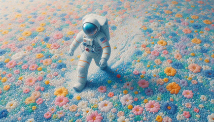 An illustration in the style of a tapestry of an astronaut running across a field with flowers on an unknown planet. Vector graphics. EPS.