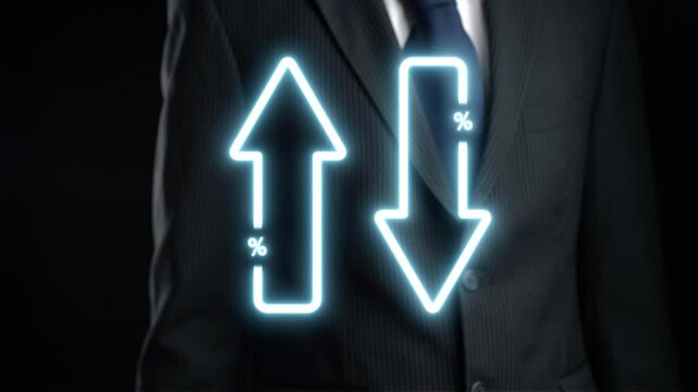A businessman in a suit presents the relationship between quality and cost, illustrated with neon arrows reflecting market dynamics and efficiency in decision-making. Qubit