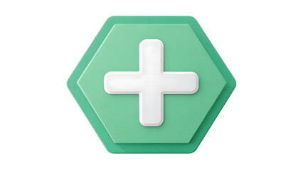 Obraz premium Clean green hexagon icon with white plus symbol and subtle texture