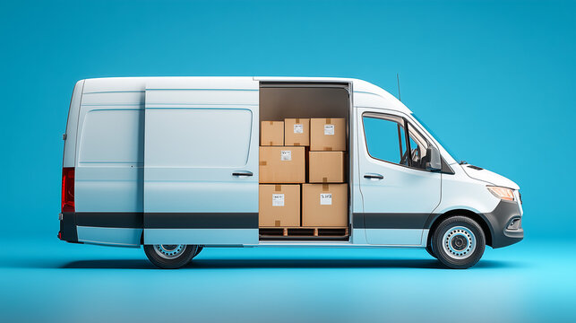 White cargo van with its side door open showing stacked cardboard boxes inside, on a blue background.