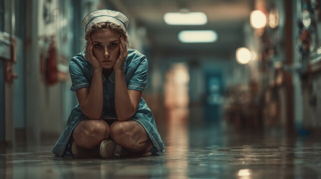 Young Exhausted Female Doctor Sits on Hospital Floor During a Break Gazing Upwards Contemplating About the Challenges of her Job