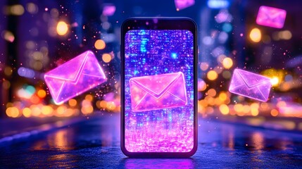 Night city, phone, glowing emails, digital communication, marketing