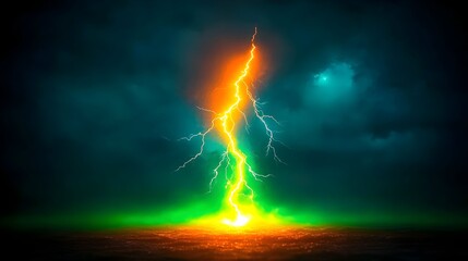Night sky, powerful lightning strike, ground impact, storm clouds, dramatic energy