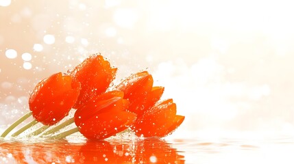 Orange tulips, water splash, bokeh background, spring greeting