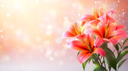 Peach lilies bouquet, spring bokeh background, greeting card