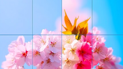 Pink cherry blossoms, yellow leaf, spring sky, garden, website banner