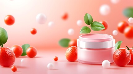 Pink cream jar, strawberries, leaves, pastel background, beauty ad