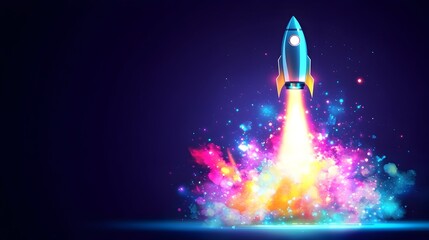 Rocket launching, vibrant trail, dark space, startup