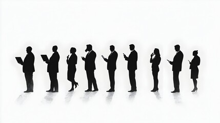 Silhouetted businesspeople queue, devices, white background, presentation