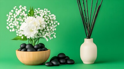Spa stones, flowers, diffuser, green background, wellness