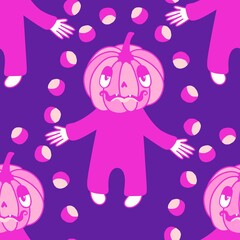 Autumn harvest vegetable seamless monster Halloween pumpkins pattern for wrapping paper and fabrics