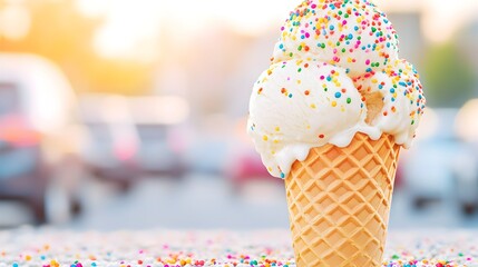Sprinkled ice cream cone outdoors, sunny day, blurred cars
