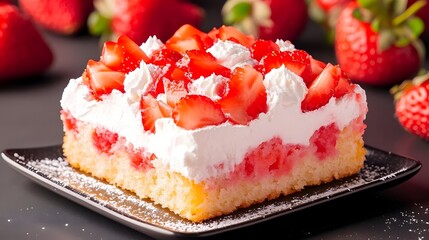 Strawberry shortcake dessert, whipped cream, fresh berries, dark background, food photography
