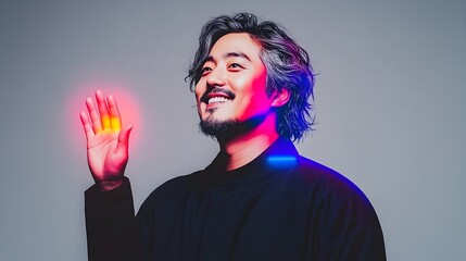 Studio portrait Man waves hand, neon lights, gray background, website banner