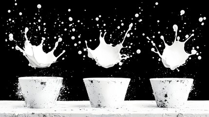 Triple milk splash, cups, white background, studio