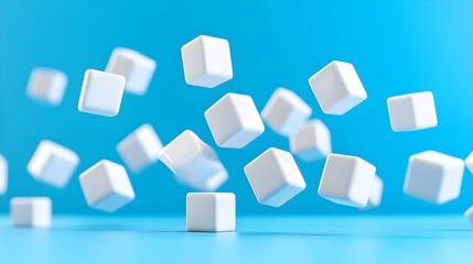 White cubes falling blue background, 3D render, product mockup