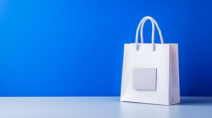 White gift bag, blank label, blue background, studio shot, retail