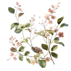 Botanical illustration of flowering plant with leaves and blossoms for springtime floral design use on transparent background
