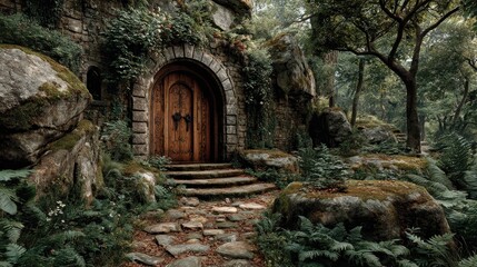 Fototapeta premium Stone pathway leads to arched wooden door built into moss covered rocks at Enchanted Forest Entrance