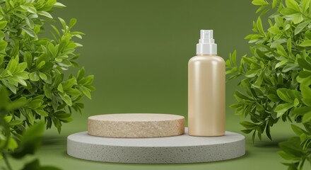 Beige bottle and round podium against green background with plant leaves.
