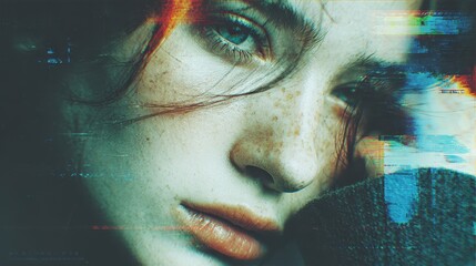 Woman's portrait with pixelation and distortion effects, wearing a scarf in neutral colors