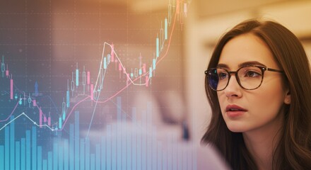 Woman with glasses looks at stock market chart overlayed on the image.