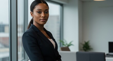 Businesswoman in office setting stands near window with arms crossed looking at camera.