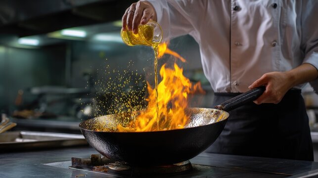 A chef pours sunflower oil into a sizzling wok, creating vibrant flames during a dynamic cooking session in a bustling kitchen environment, showcasing culinary skills and energy