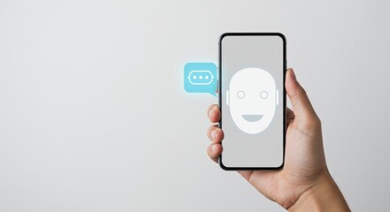 Hand holding a smartphone with face recognition technology on a light background.