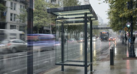Rainy City Bus Stop Modern Shelter Urban Transportation Wet Street Scene