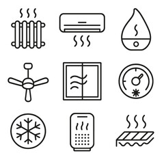 Home Climate Icons. Line style icons of home climate comfort: radiator heater, air conditioner, humidifier, ceiling fan, window