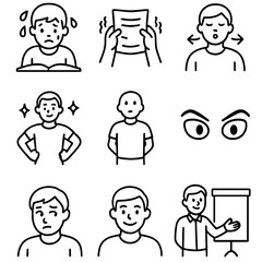 Confidence vs. Nervousness Icons. Line style icons of nervousness and confidence: sweating student, shaking paper, deep breath