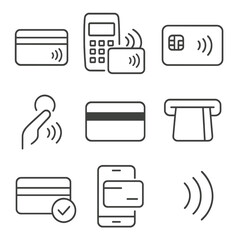 Contactless Card Icons. Line style icons of contactless cards: credit card with wireless waves, card tapping terminal, chip card
