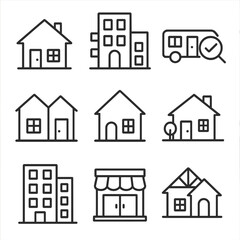Property Type Icons. Line style icons of property types during inspection: single-family house, condo unit, duplex home, townhouse