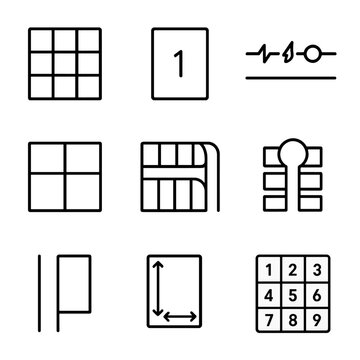 Subdivision Planning Icons. Line style icons of subdivision and plot planning: grid land layout, parcel number icon, utility line