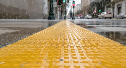 Wet tactile paving on a city street during rainfall