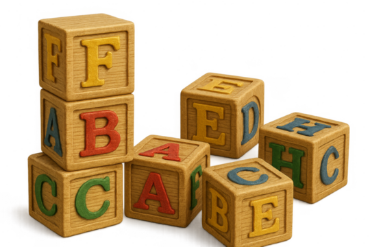 Wooden alphabet blocks spelling words on transparent background