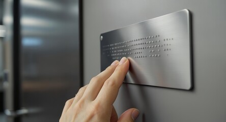 Hand Reading Braille on Metal Plate