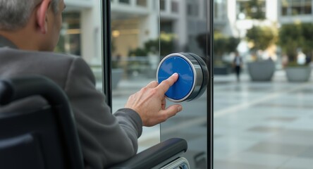 Person in wheelchair using an automatic door opener button
