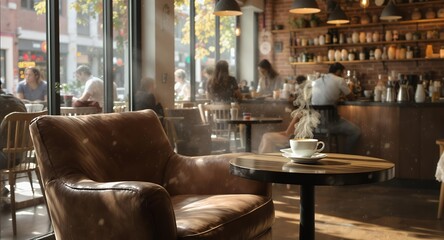 Cozy cafe interior with steaming coffee and armchair