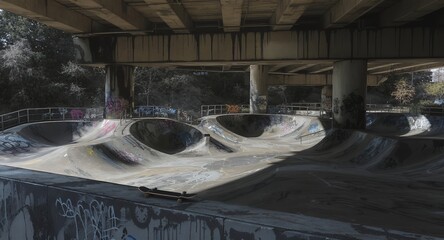 Urban Skate Park Under Bridge Concrete Skatebowl Graffiti Art Skateboard