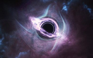 Black Hole with Swirling Purple Accretion Disk &mdash; A dark void dominates the center, surrounded by spiraling clouds of violet and blue gas. Light bends around the black hole