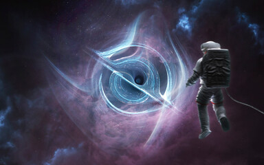 Astronaut Reaching Toward Luminous Wormhole in Deep Space &mdash; A lone astronaut in front of a swirling vortex of light and shadow, framed by a dark nebula and distant stars