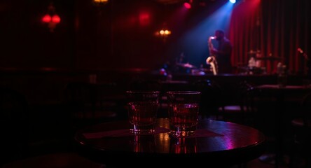 Two Drinks on a Table in a dimly lit Jazz Club