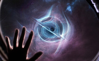 Astronaut Reaching Toward Luminous Wormhole in Deep Space &mdash; A lone astronaut in front of a swirling vortex of light and shadow, framed by a dark nebula and distant stars