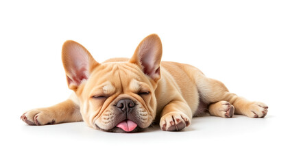 Obraz premium Sleeping French Bulldog with tongue out on white background 
