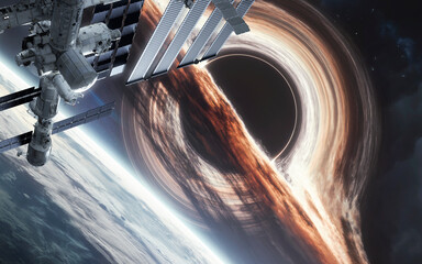 ISS Near Black Hole Over Cloudy Earth &mdash; The International Space Station floats above a cloud-covered planet, facing a massive black hole with a glowing accretion disk
