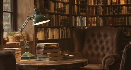 Cozy Reading Nook with Books and Desk Lamp