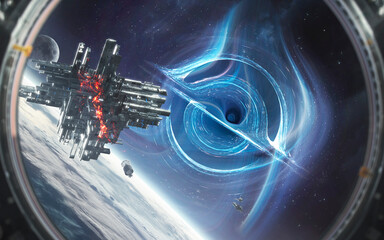 Futuristic Space Station Near Wormhole Over Earth &mdash; Through a spacecraft window, a massive station with glowing red modules floats above Earth, facing a swirling blue wormhole with bending light